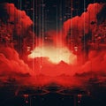 Abstract Red Colored Painting With Retro-futuristic Cyberpunk Style