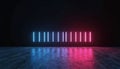 Abstract background shows a progress loading bar with glowing pink and blue neon lights. Futuristic tech concept in a dark room. Royalty Free Stock Photo