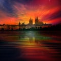 Abstract background with silhouette of Cologne and sunset