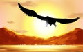 Abstract background with the silhouette of an eagle, flying over the water on sunrise. Mountain landscape. Morning at Mountains Royalty Free Stock Photo