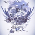 Abstract Background with Skull, Wings and Flowers