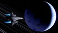 Spaceship flies near exoplanet, spaceship of the future in space, ufo, spaceship in space 3d render