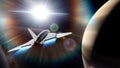 Spaceship flies near exoplanet, spaceship of the future in space, ufo, spaceship in space 3d render