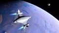 Spaceship flies near exoplanet, spaceship of the future in space, ufo, spaceship in space 3d render