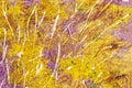 Abstract background with splashes, stains, scratches, yellow purple colors