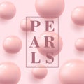Abstract background square poster with pink 3d pearl realistic 3d spheres flying in spaces, light blured molecules