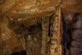 Abstract background of stalactites, stalagmites and stalagnates in a cave, underground