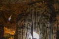 Abstract background of stalactites, stalagmites and stalagnates in the Sfendoni cave, underground, horizonta