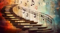 abstract background steps staircase going up with musical signs hovering in the air. Royalty Free Stock Photo