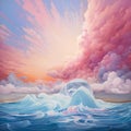 Abstract background with sugar cotton candy clouds and flowing waves