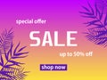 Abstract background summer sale. Palm leaves and gradient