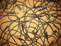 Abstract background with tangled audio cables with jacks. 3D illustration