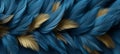 Abstract background texture - Closeup detail of blue gold colored feathers, top view, (Generative Ai