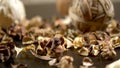 Abstract background, texture of dried flowers. potpourri . close-up. dried flowers and seeds used for aromatherapy.