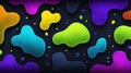 Abstract background texture featuring vibrant neon-colored amoeba shapes with a subtle grainy surface floating on a deep black Royalty Free Stock Photo