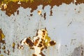 Abstract background texture of vertical grungy rusting metal plate with peeling paint and extensive corrosion with rust streaks. Royalty Free Stock Photo