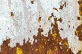 Abstract background texture of vertical grungy rusting metal plate with peeling paint and extensive corrosion with rust streaks. Royalty Free Stock Photo