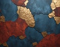 An abstract background with a textured, cracked surface resembling aged metal, primarily featuring a deep rust-red color