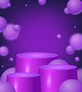Abstract background with three purple pedestal podium and floating balls