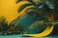 Abstract background with tropical leaves, monstera, palm trees and yellow hammock. generative ai