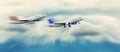 Abstract background. Two passenger jets flying above the clouds. Royalty Free Stock Photo