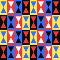 Abstract background vector seamless pattern. Hourglass shape ornament. Red blue and yellow triangles and squares