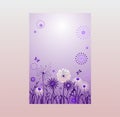 Abstract background in very peri color with dandelions and daisy. Vertical purple banner with place for text