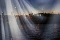 Bridge over the river in the evening with abstract rays of light Royalty Free Stock Photo