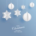 Abstract background with volumetric paper snowflakes and christmas ball. White 3D snowflakes and decorations. Xmas and new year c Royalty Free Stock Photo