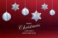 Abstract background with volumetric paper snowflakes and christmas ball. White 3D snowflakes and decorations. Xmas and new year c Royalty Free Stock Photo