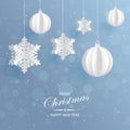 Abstract background with volumetric paper snowflakes and christmas ball. White 3D snowflakes and decorations. Xmas and new year c Royalty Free Stock Photo