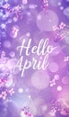 Abstract background with watercolor colorful splashes and flowers. Hello April handwritten modern calligraphy lettering. Spring Royalty Free Stock Photo