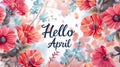 Abstract background with watercolor colorful splashes and flowers. Hello April modern calligraphy lettering. Spring concept Royalty Free Stock Photo