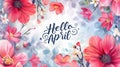 Abstract background with watercolor colorful splashes and flowers. Hello April modern calligraphy lettering. Spring concept Royalty Free Stock Photo