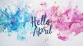 Abstract background with watercolor colorful splashes and flowers. Hello April modern calligraphy lettering. Spring concept Royalty Free Stock Photo