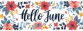 Abstract background with watercolor colorful splashes and flowers. Hello June - modern calligraphy lettering. Summer concept