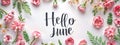Abstract background with watercolor colorful splashes and flowers. Hello June - modern calligraphy lettering. Summer concept