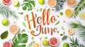 Abstract background with watercolor colorful splashes and flowers. Hello June - modern calligraphy lettering. Summer concept