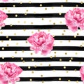 Abstract background - watercolor stripes - gold confetti and pink roses - seamless pattern wallpaper