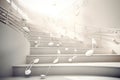 abstract background white steps staircase going up with musical signs hovering in the air. Royalty Free Stock Photo