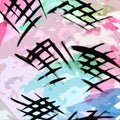 Abstract background with white and turquoise and pink streaks, and black pattern