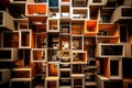 Abstract background of wooden boxes. 3D render. Modern architecture. nested boxes, The boxes are interconnected by tubes, AI