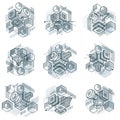 Abstract backgrounds with isometric elements, linear art with lines and shapes. Cubes, hexagons, squares, rectangles and