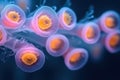 Bacterial colonies under a microscope, featuring organic patterns, intricate cell structures
