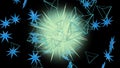 Abstract ball emits large blue snowflakes and transparent triangles. Flying in endless space. Close-up of endless flight. Seamless