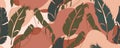 Abstract banana leaves in one line art and paper collage styles. Tropical leaves background with fluid abstract shapes. Vector
