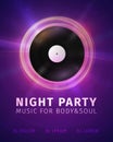 Abstract banner celebrating night party background. Retro vinyl disc on bright lights backdrop vector illustration