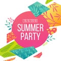 Abstract banner design for summer psrty. Geometrical triangular hexagons with pattern of leaves, twig, herbs and flowers