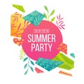 Abstract banner design for summer psrty. Geometrical triangular hexagons with pattern of leaves, twig, herbs and flowers