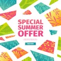 Abstract banner design for summer sale. Geometrical triangular hexagons with pattern of leaves, twig, herbs and flowers